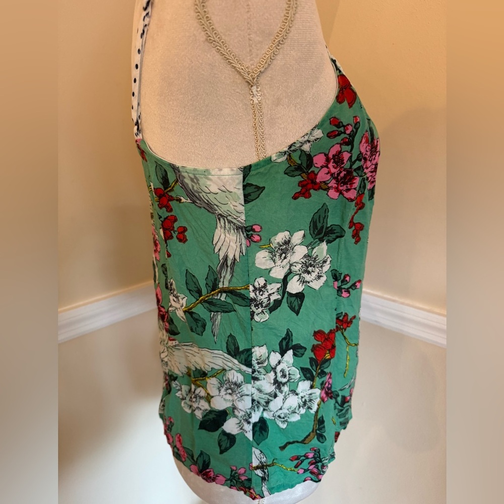 Anthropologie Green w/Pink Floral, Bird Print, Polka Dots Cami Women’s Top — S - Picture 7 of 7